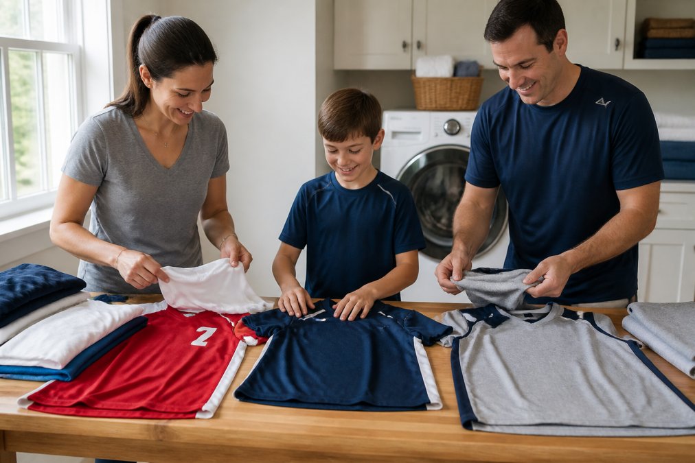 Family sorting and washing custom sports t-shirts in a bright laundry room, showing proper care techniques with garments laid out on a table for inspection before washing