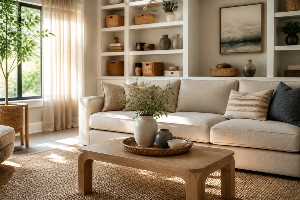 A bright, modern family living room with a neutral linen-blend sofa, a rounded-corner oak coffee table, built-in shelving with woven storage baskets, and warm afternoon light streaming through linen curtains