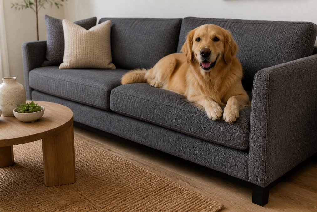 A golden retriever resting on a tightly woven, slate-gray upholstered sofa in a well-lit living room with light hardwood floors, a jute area rug, and minimal accessories on a low oak side table