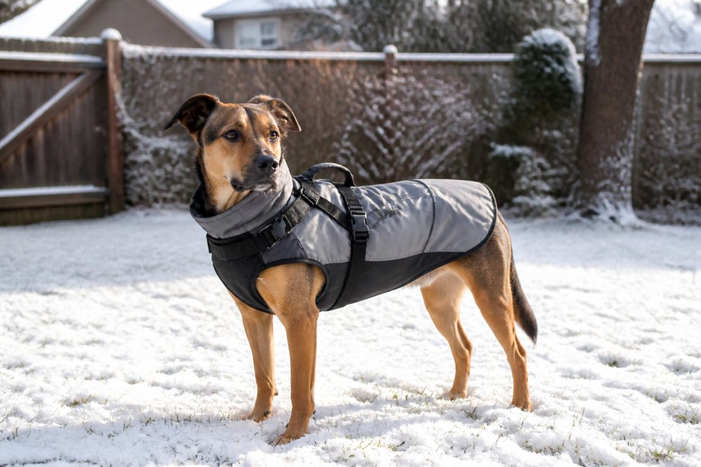 A medium-sized dog wearing a waterproof harness jacket standing in a snowy yard, showing the integrated harness straps and waterproof shell material, natural afternoon light
