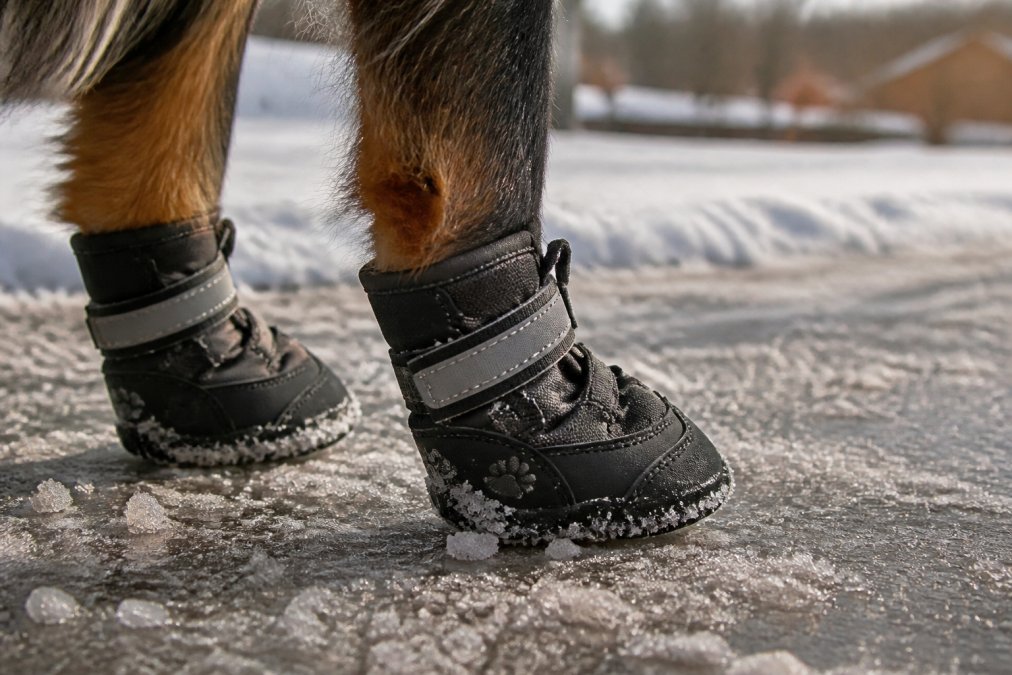 Close-up of a dog's back paws wearing winter boots standing on an icy sidewalk with visible salt residue and ice patches, natural winter daylight
