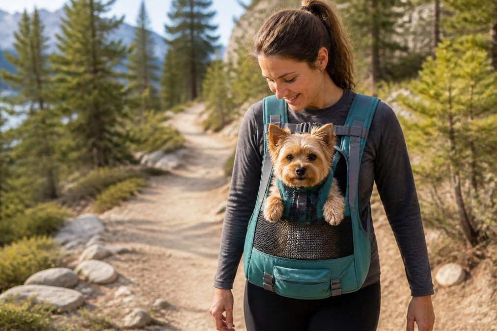 A hiker on a dirt trail wearing a front-facing dog carrier backpack with a small dog's head and paws visible through mesh panels, sunny outdoor setting with trees in the background
