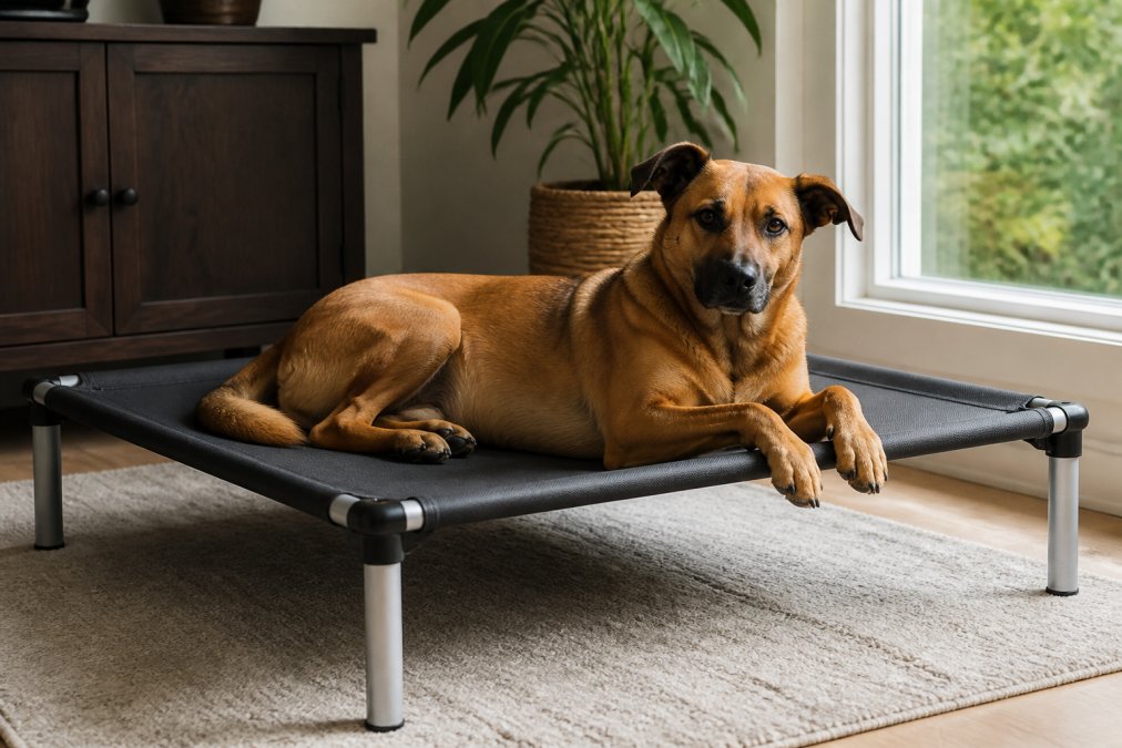 A medium-sized dog resting comfortably on an elevated aluminum-frame dog bed indoors, the metal legs and taut ballistic fabric surface clearly visible, warm natural light from a nearby window