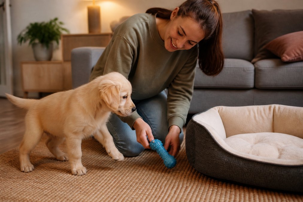 A dog owner kneeling on a living room floor, gently redirecting a young puppy away from a dog bed toward a rubber chew toy, both the owner and puppy looking engaged, warm indoor lighting