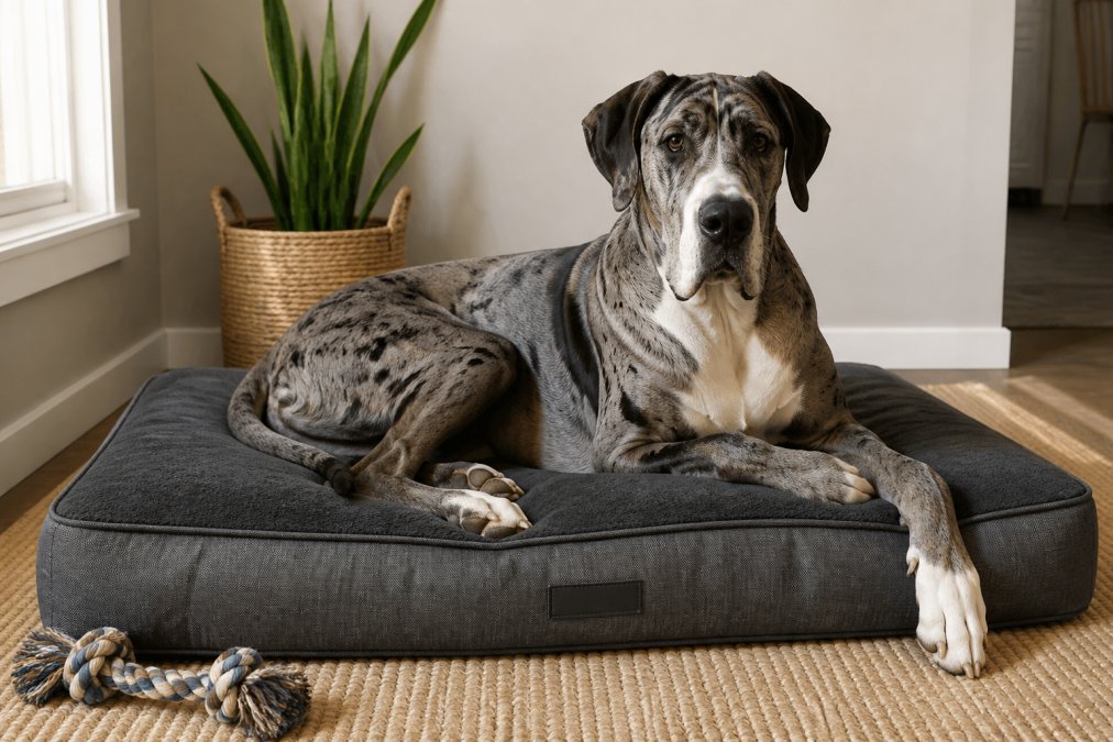 Large breed dog resting comfortably on a durable dog bed indoors, showing the bed's supportive structure and quality materials with visible stitching and reinforced edges