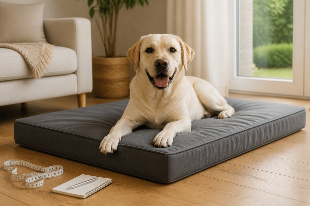 A large Labrador relaxing on a waterproof memory foam dog bed in a bright living room, with a soft measuring tape and a small notebook resting on the wooden floor nearby