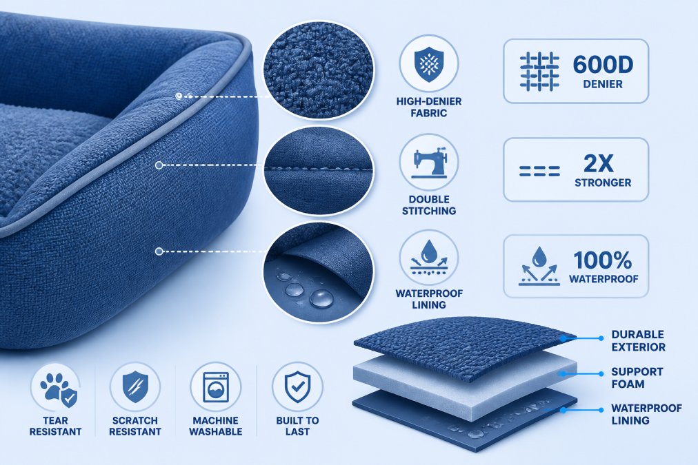Close-up of high-denier ballistic nylon fabric showing tight weave pattern, reinforced grid structure of ripstop material, and layered waterproof liner construction under natural lighting