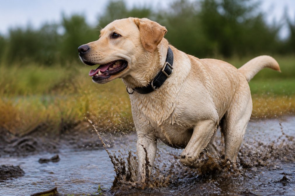 Active dog wearing a heavy-duty waterproof collar running through shallow water and muddy terrain, visible durability features and rust-proof buckle catching sunlight