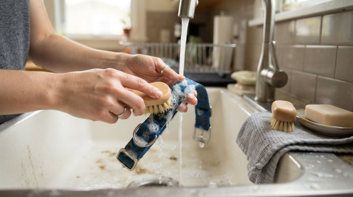 Hands gently washing a nylon dog collar under running water with mild soap, showing proper cleaning technique with soft brush and towel nearby