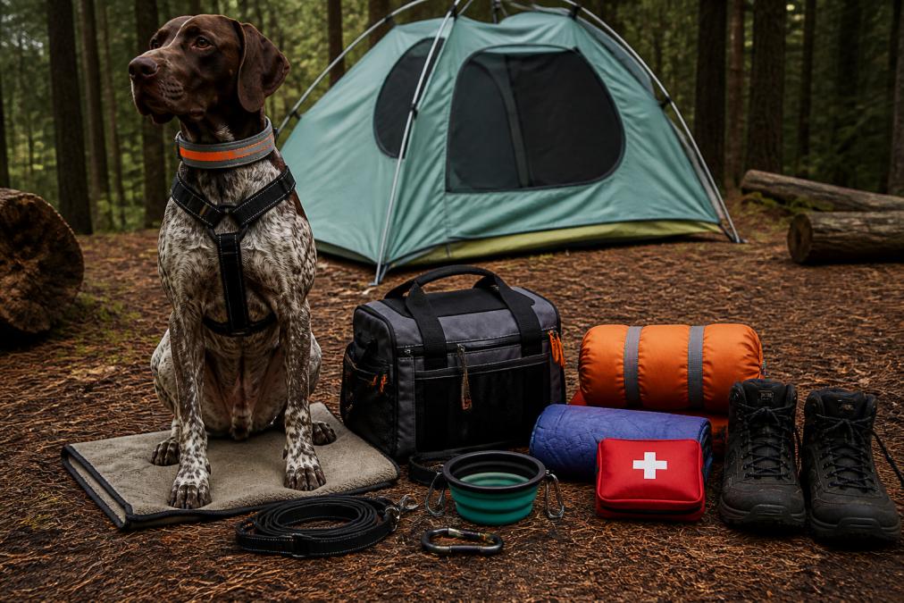 A large dog wearing a harness and reflective collar sitting beside a neatly arranged spread of camping gear including a collapsible bowl, sleeping pad, leash, and first aid kit on a forest campsite ground
