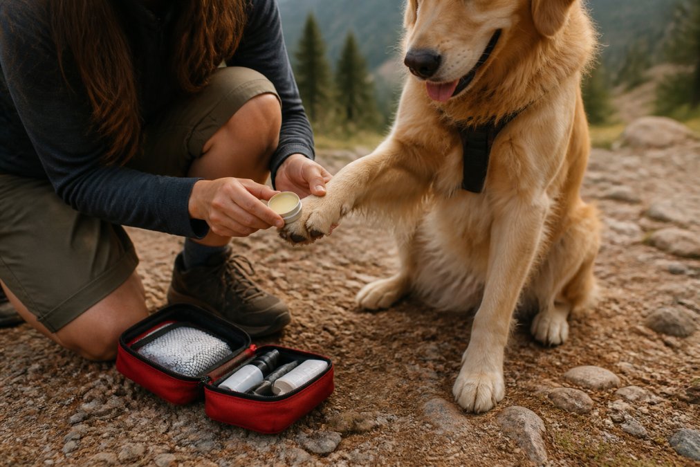 Close-up of a person applying paw protection balm to a dog's front paw on a rocky trail, with a small first aid kit open beside them on the ground