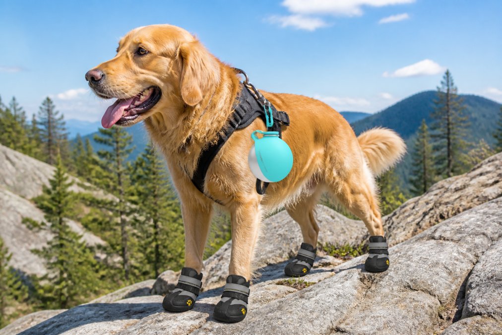 A large dog wearing waterproof non-slip boots walking confidently on rocky, uneven terrain during a hiking trail adventure with natural sunlight