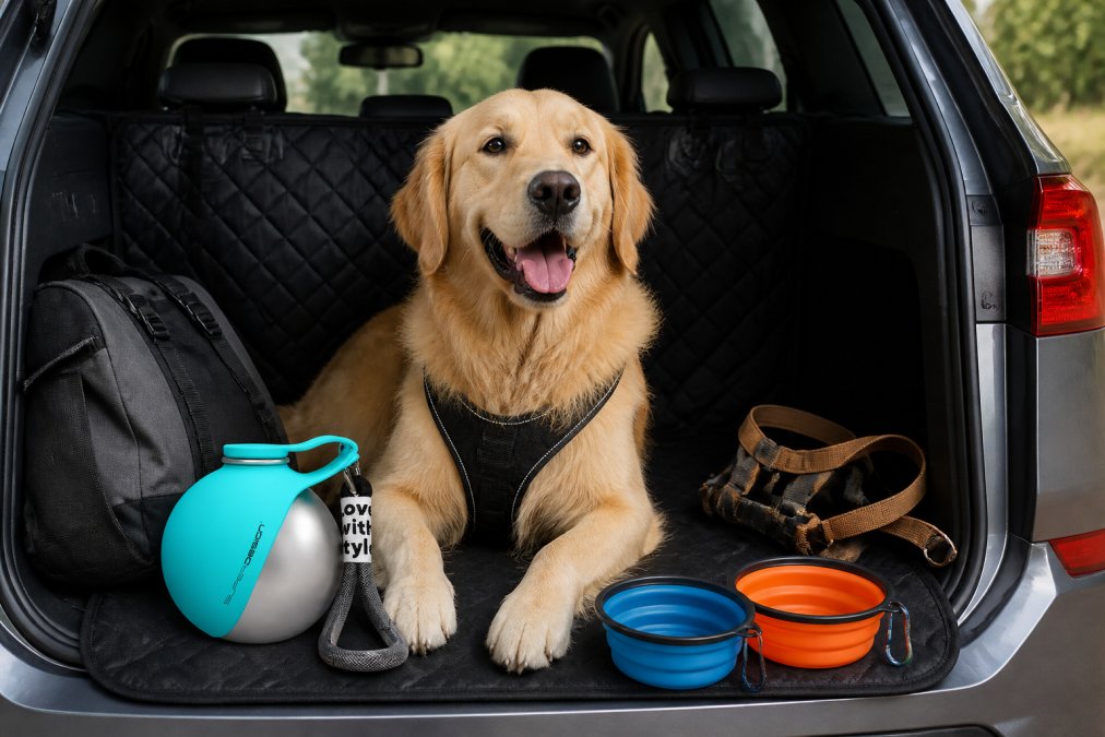 A golden retriever sitting contentedly in a car boot lined with protective quilted material, surrounded by travel essentials including stainless steel water bottles, collapsible bowls, a durable leash, and safety harness