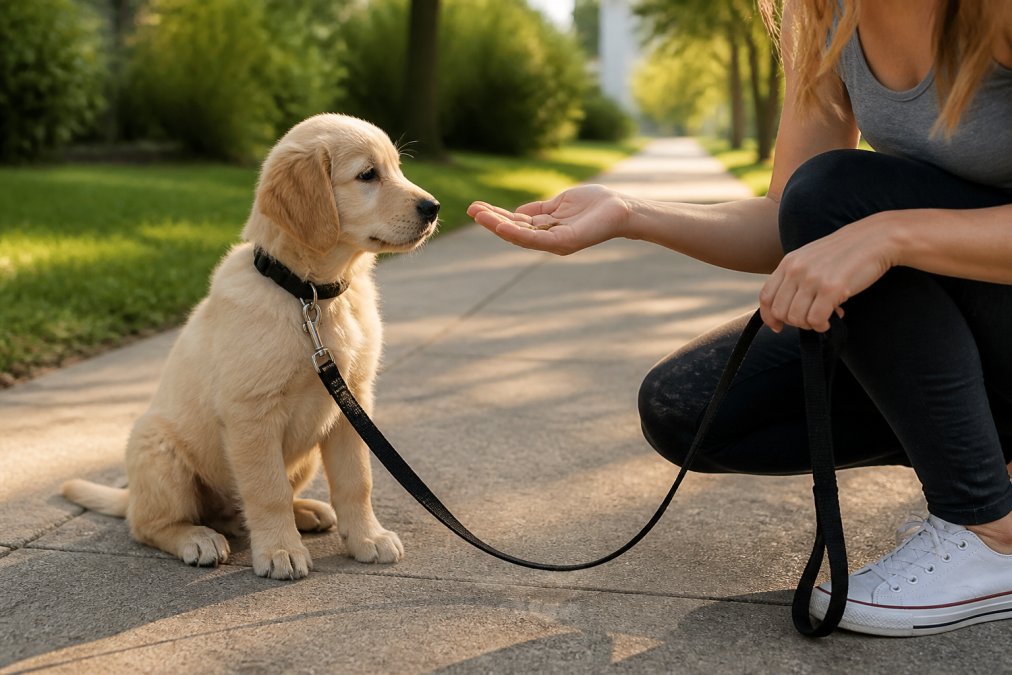 A young puppy sitting calmly on a sidewalk wearing a sturdy leash while a person crouches nearby holding a small treat in an open palm, demonstrating positive reinforcement training in bright afternoon sunlight