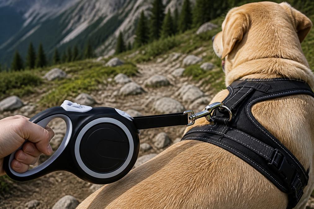 Close-up of a dog wearing a durable retractable leash on a rocky mountain trail, showing reinforced stitching, swivel carabiner, and reflective stitching glinting in sunlight