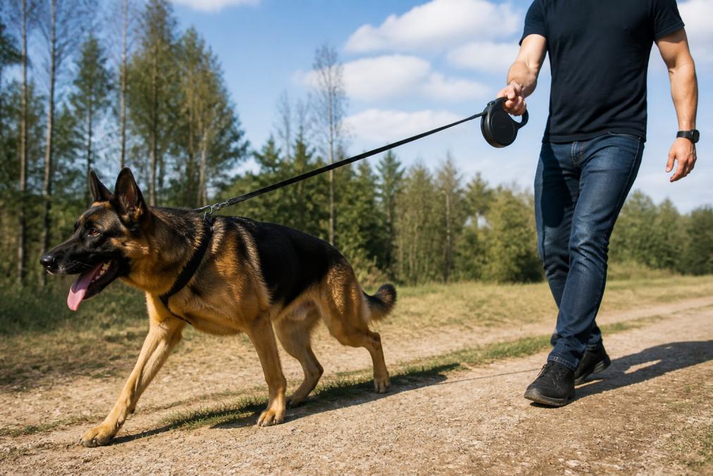 Large breed dog (German Shepherd) on a walk with owner holding a heavy-duty retractable leash in outdoor daylight, showing the leash extended and the dog's muscular build, demonstrating control and strength