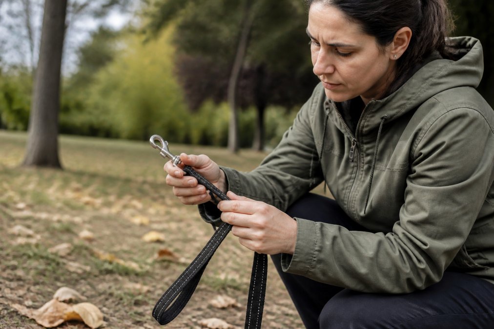 Close-up of hands inspecting a dog leash, checking the snap hook mechanism, examining the nylon webbing for fraying, and testing the handle for wear damage in natural daylight