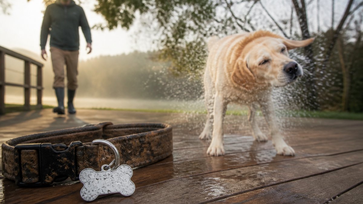A stainless steel bone-shaped dog tag resting on a weathered wooden deck next to a muddy collar, with a wet labrador shaking off water in the background
