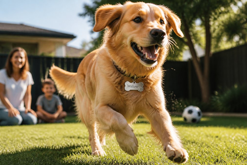 A large energetic dog mid-run across an open backyard, collar clearly visible with a shiny stainless steel tag catching afternoon sunlight