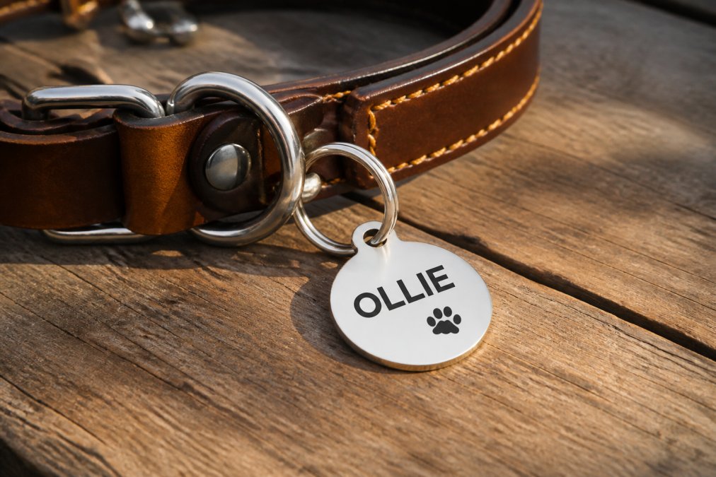 Close-up of a brown leather dog collar laid flat on a wooden surface, showing a polished stainless steel split ring and welded D-ring attachment with a round stainless steel tag secured through the ring, natural daylight from the side