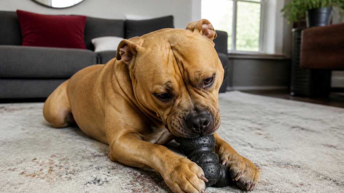 A large dog contentedly working on a natural rubber enrichment toy on a living room rug, with a stylish modern interior in the background