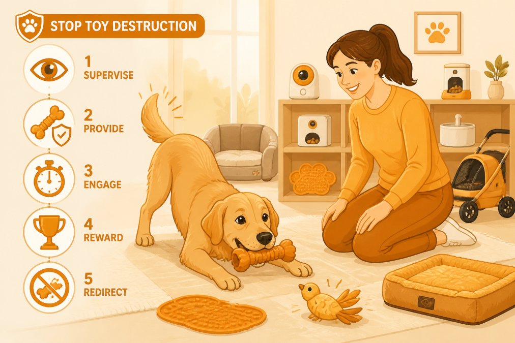 Pet owner supervising dog during interactive play with durable chew toy in bright home environment, showing engaged dog and attentive owner nearby