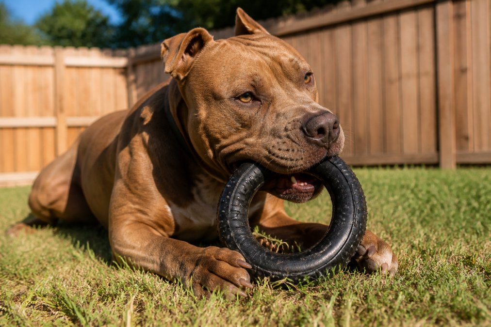 A strong dog happily gnawing on a heavy-duty rubber ring from our top picks for durable dog toys in a sunny yard.