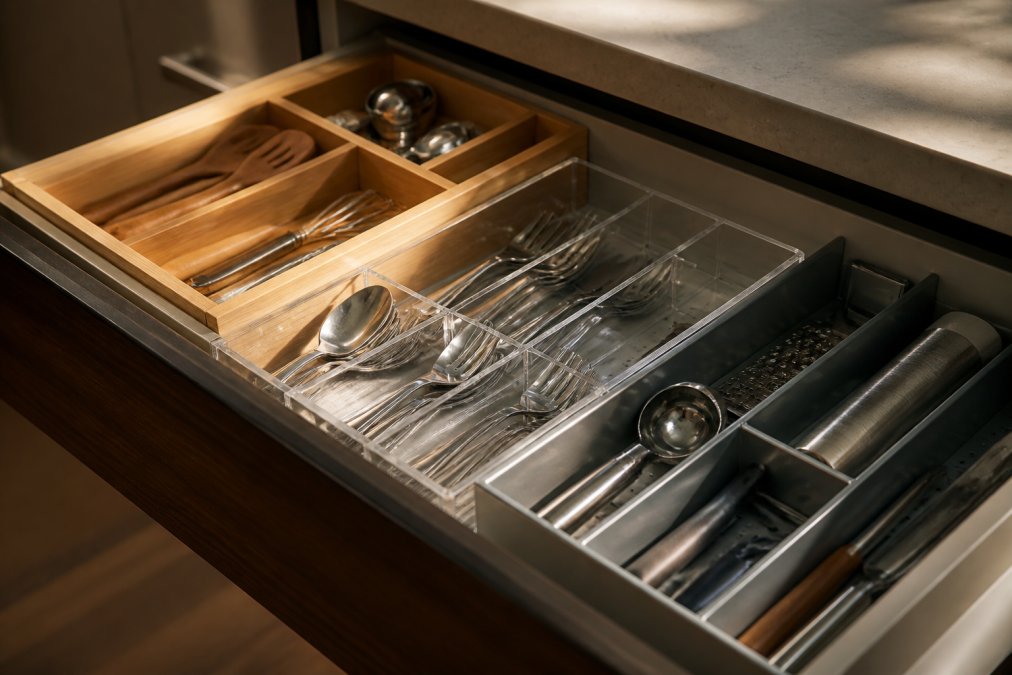 Close-up of organized kitchen drawer with bamboo, acrylic, and metal dividers separating utensils, silverware, and kitchen tools in natural morning light