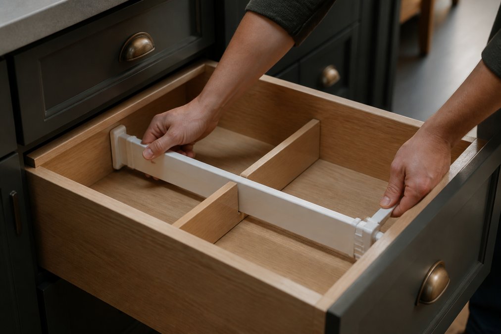 Hands installing a spring-loaded drawer divider into a deep kitchen drawer, showing proper alignment and tension-mounting technique with visible tension adjustment
