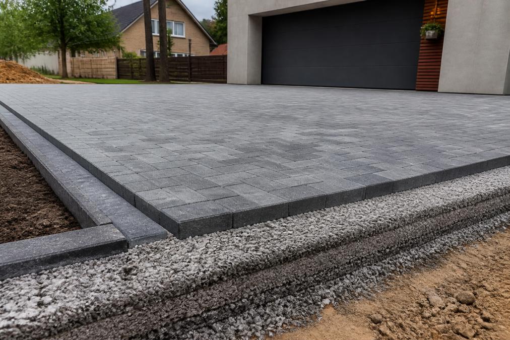 Wide-angle view of a newly installed interlocking paver driveway with visible compacted aggregate sub-base layers and proper drainage slope grading, showing professional installation quality