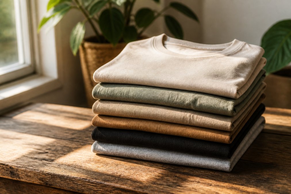 A neat stack of folded organic cotton t-shirts in neutral earth tones resting on a reclaimed wooden table, soft natural sunlight casting gentle shadows through a nearby window