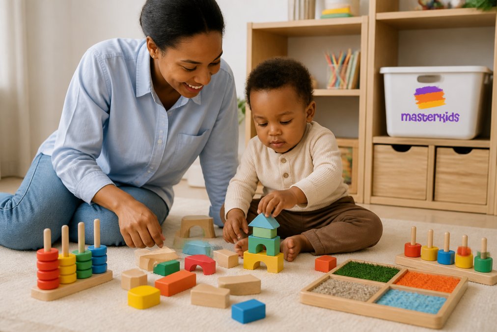 Toddler playing with wooden blocks and sensory toys on a soft mat, hands exploring different textures and colours and shapes