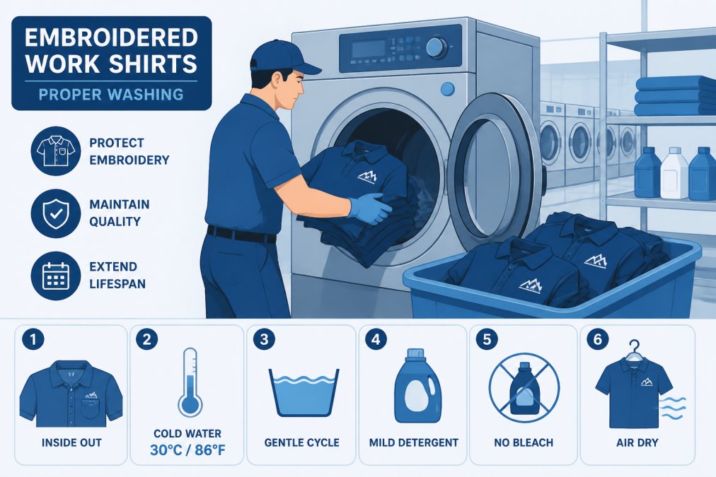 Professional laundry facility with embroidered work uniforms being carefully loaded into industrial washing machine, showing proper handling of embroidered garments in a bright, organized commercial setting