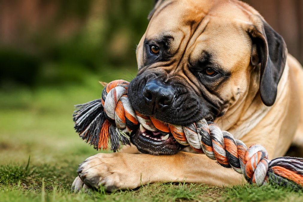 Large breed dog with muscular jaw gripping and chewing on a heavy-duty rope toy, showing intense focus and engagement with strong jaw muscles visible