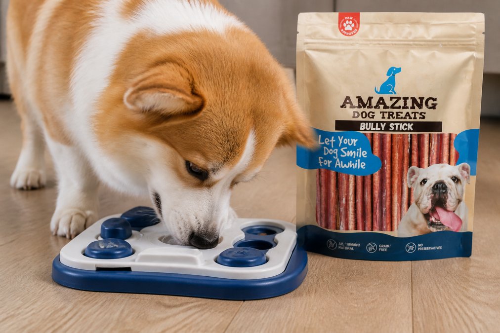 Dog actively playing with a treat-dispensing puzzle toy, nose engaged with the toy to extract treats, showing focused concentration and problem-solving behavior