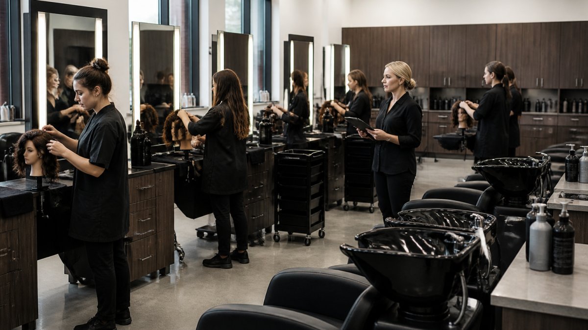 Students practicing styling techniques at stations in a bright, modern cosmetology training laboratory