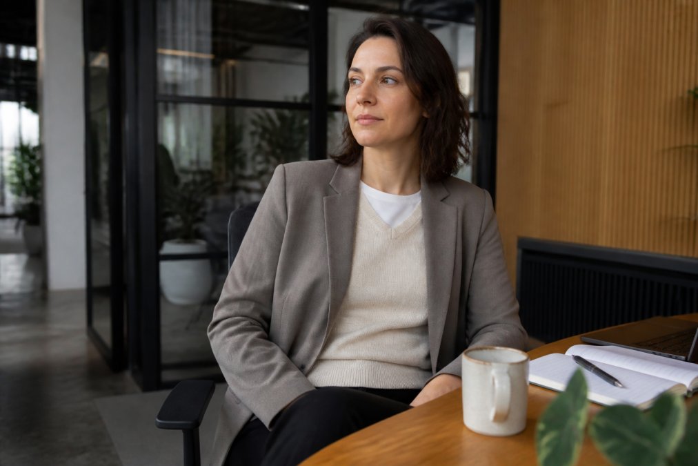 Professional wearing layered neutral organic cotton basics with a blazer at a modern office desk, showing how durable ethical clothing for professionals pieces work together in a workspace setting