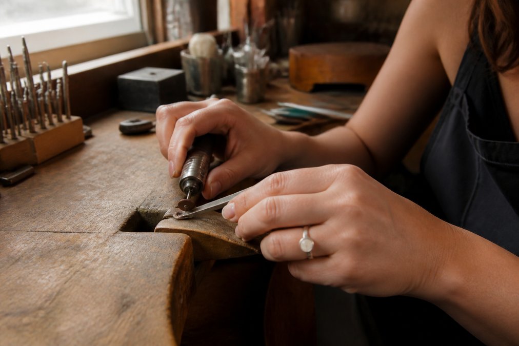 Woman wearing a low-profile bezel-set silver ring while using tools at a workbench, showcasing durable everyday jewelry.