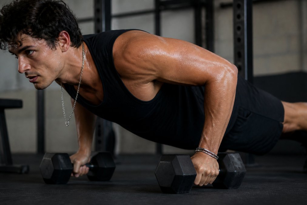 Athlete wearing minimalist stainless steel bracelets and necklace during high-intensity workout, visible sweat on skin and athletic wear visible, natural gym lighting