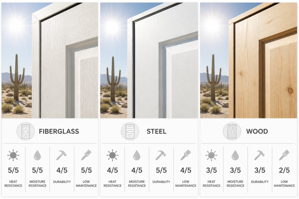 Close-up of three different exterior door materials (fiberglass, steel, and wood) side by side in bright sunlight, showing texture and finish details with desert landscape visible in background