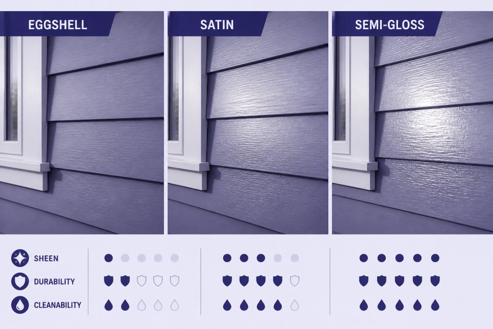 Close-up of exterior home siding showing three different paint finishes side by side, eggshell, satin, and semi-gloss surfaces, in natural daylight, highlighting the subtle differences in sheen and light reflection
