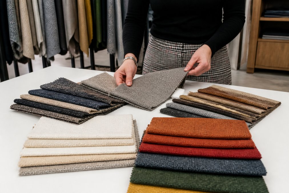 Professional fabric specialist examining and comparing different upholstery fabric swatches including polyester, wool, cotton, and acrylic samples laid out on a white table under bright studio lighting