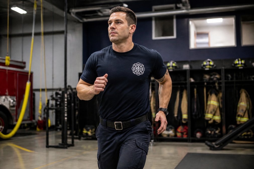 Firefighter wearing a durable station shirt during equipment training, demonstrating fit and comfort during active movement in a firehouse setting