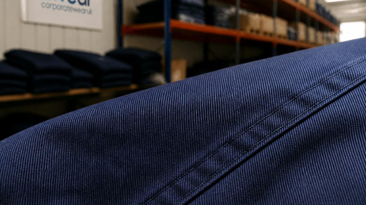 Close-up of polycotton fabric texture showing diagonal weave pattern and stitching detail, with warehouse shelving blurred in background