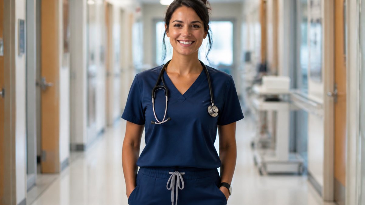 Smiling nurse in navy scrubs with a subtle scripture design in a hospital hallway