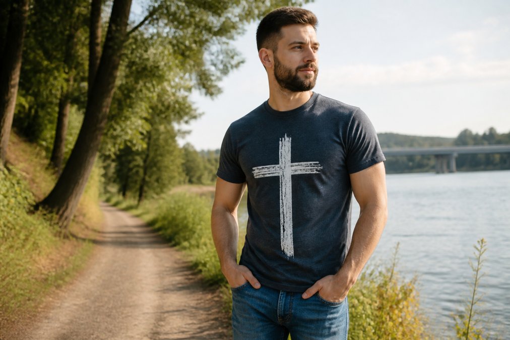 Man wearing a faith-inspired Christian t-shirt in natural daylight, showing clear print quality and proper fit on the torso, with casual jeans and relaxed posture in an outdoor setting