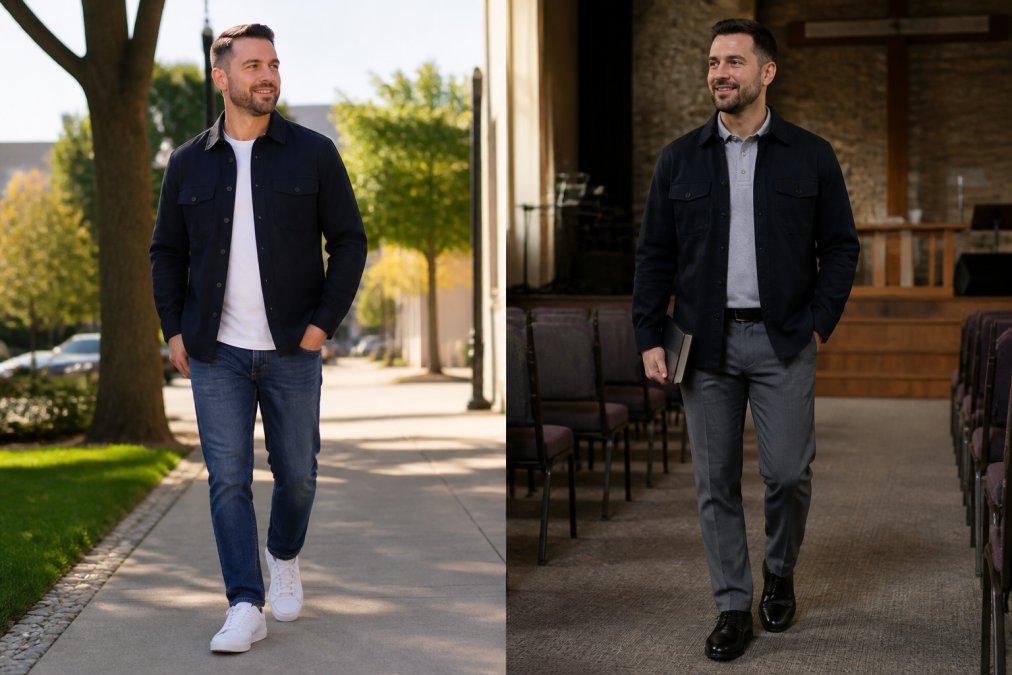 Split-scene showing the same Christian apparel styled two different ways: casual everyday look paired with jeans and sneakers in bright natural light, and church-appropriate styling layered with a polo and dress pants in formal indoor lighting