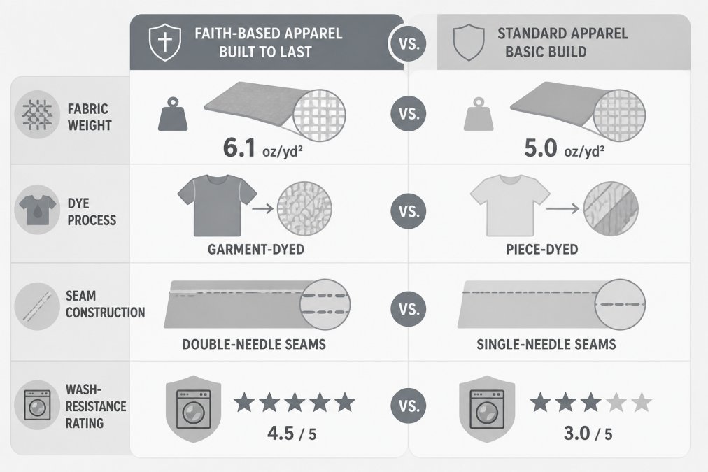 Comparison matrix showing fabric durability features: ring-spun cotton 6.1 oz/yd² with double-needle stitching vs standard cotton 5.0 oz/yd², garment-dyed vs piece-dyed, single-needle vs double-needle seams, wash-resistance ratings