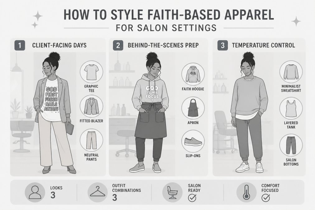 Visual styling guide showing 3 salon outfit combinations: (1) oversized graphic tee with bubble-letter "God First Fresh Nails Always" + fitted blazer + neutral pants for client-facing days, (2) faith hoodie + apron + comfortable slip-ons for behind-the-scenes prep work, (3) minimalist sweatshirt + layered tank + salon-appropriate bottoms for temperature control