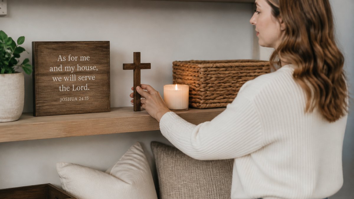 A cozy living room shelf styled with a wooden scripture plaque, a small cross, and a softly glowing candle beside a woven basket